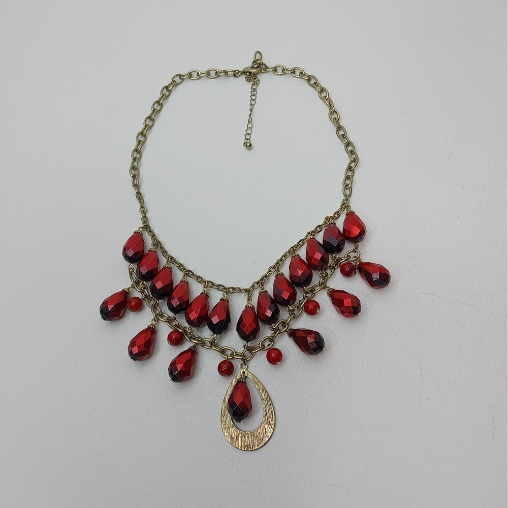 Gold Tone Ombre Red To Black Festoon Collar Necklace 18in Acrylic Beaded